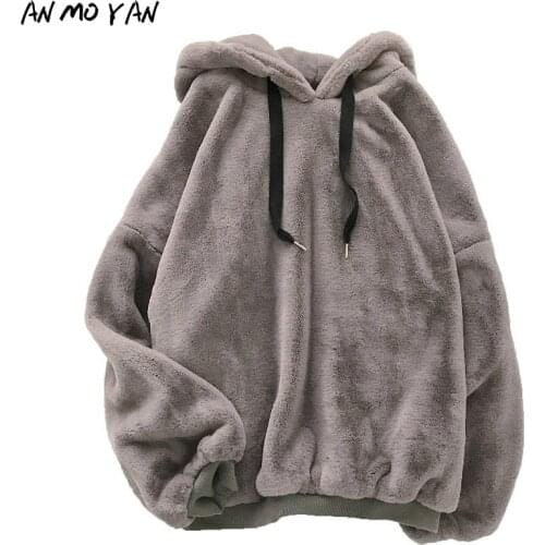 Winter Fashion Warm Womens Hoodie Lamb Cashmere Sweet Solid Color Harajuku Casual Loose Gray Flannel Pullover Sweatshirt Tops