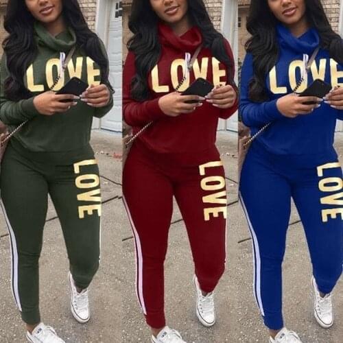 2 Piece Set Women Love Letter Print Turtleneck Hoodies Sweatshirt & Pants Suits Autumn Winter Tracksuit Streetwear Casual Outfit