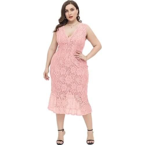 Uniquely Plus Size Pink Lady Dress Tight-Fitting Female No Sleeve Dresses Summer Cloth 2021 Lace Flora Sexy V Neck Wedding Party