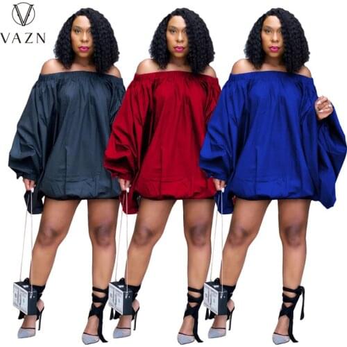 VAZN 2021 Autumn Plus Size Free Sexy Young Solid Sweet Slash Neck Full Sleeve Women Nature Loose Mini Dress
