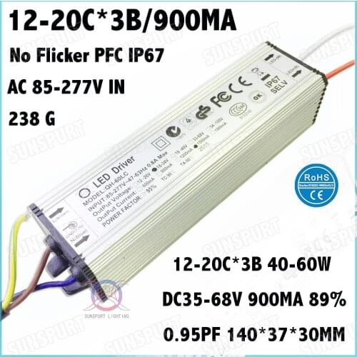 2 Pcs No Flicker IP67 PFC>0.9 60W AC85-277V LED Driver 12-20Cx3B 900mA DC35-68V Constant Current For Spotlights Free Shipping