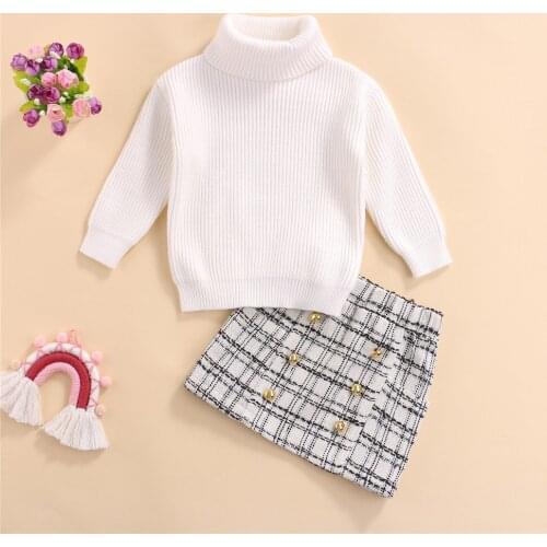 Spring Autumn Infant Girls 2 Pcs Outfits Toddler Kid White Long Sleeve Warm Turtleneck Sweater Top + Plaid Skirt With Buttons