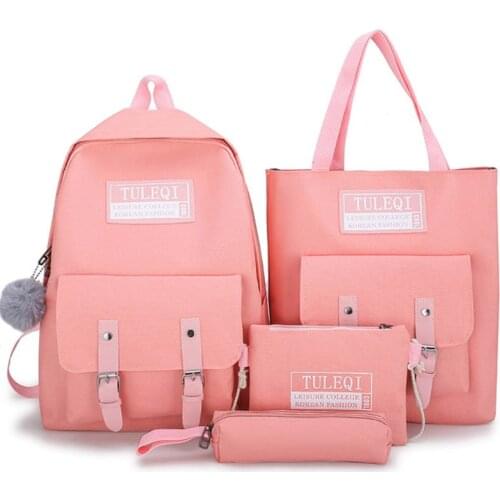 4pcs Canvas Backpack School Bookbags Daypack Handbag Shoulder Bag Pencil Case