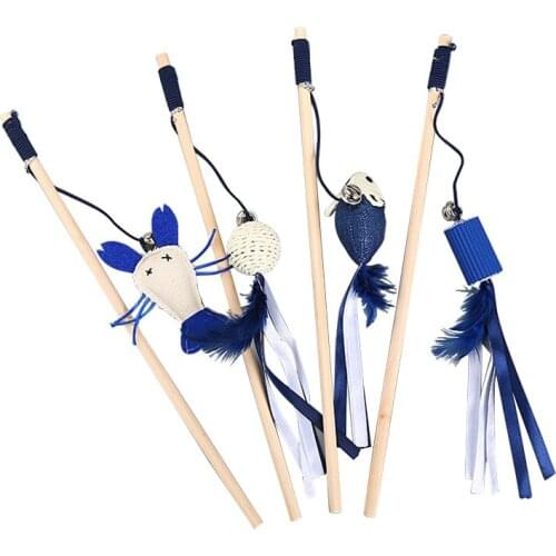 Cat Wooden Toy Mouse Tease Linen Small Fresh Blue Lace Up Bell Shrimp Ball With Feathers