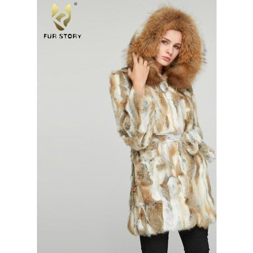 Womens Coats Rabbit Fur Coat Women with Raccoon Fur Trim Hood Winter jacket Women Jacket Fur Story FS010107