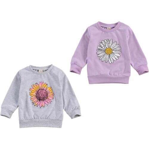 Lioraitiin 0-6Years Toddler Baby Boy Girl Fashion Sweatshirts Long Sleeve Daisy Printed O-Neck Cotton Soft Coat Gray Purple