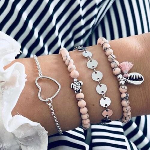 HOCOLE 4 Pcs/Set Fashion Charm Bead Rope Bracelets Set For Women Bohemian Heart Tassel Chain Bracelet Wedding Party Jewelry Gift