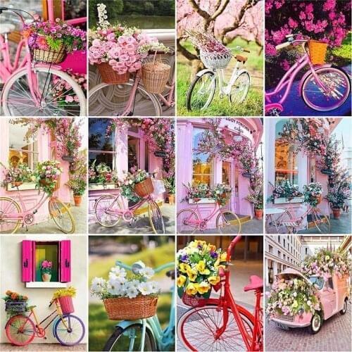 HUACAN 5D DIY Diamond Painting Landscape Bicycle Diamond Embroidery Flower Full Square Mosaic Rhinestone Home Decoration