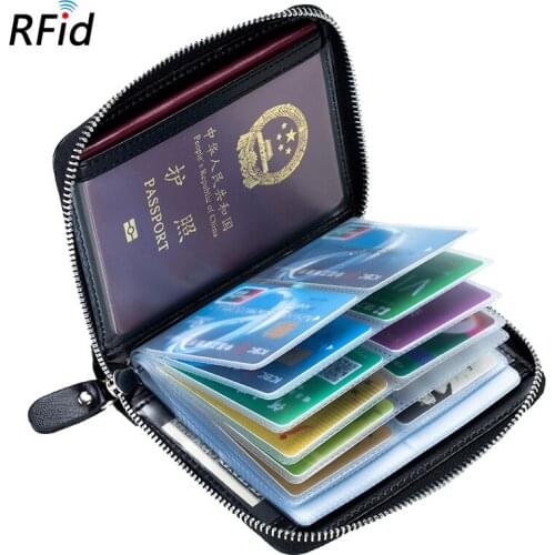Wallet RFID Passport Bag Genuine Leather Customizable Multi-functional Ticket Holder Long Zipper pvc id Card Holder Antimagnetic