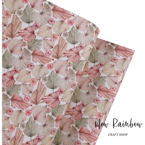 New Rainbow 30x138cm Beige and Creamy Palm Leaves Roses Faux Leatherette For Hairbows, Earrings, DIY Crafts, Accessories, Bags