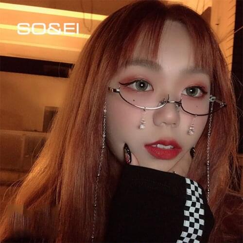 SO&EI Ins Popular Vintage Lower Half Frame No Lens Women Glasses Frame Water Drop Pendant Chain Decorative Glasses Empty Frame