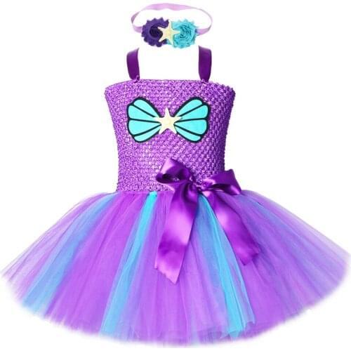 Girls Mermaid Tutu Dress with Headband Set Under The Sea Girl Birthday Party Dress Seashell Starfish Kids Princess Dress Costume