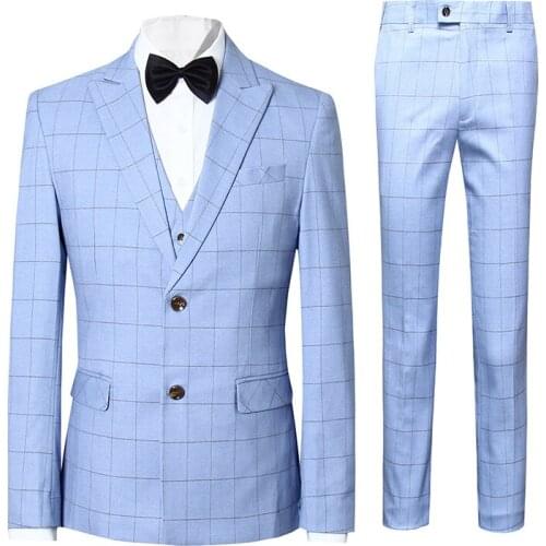 Check Suits Slim Men New Fashion Formal Casual Suit Business Office Work Daily Life Wedding Groom 3 Pieces Sky Blue Light Yellow