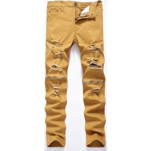 Dropshipping Men Women Skinny Jeans Khaki White Biker Jeans Straight Zipper Ripped Denim Destroyed Cotton Casual Plus Pants
