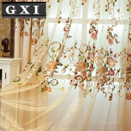 GXI Luxury European Style Elegant Embroidered Grommet Top Sheer Curtains for Bedroom Floral Voile Tulle Window Panel Drapes