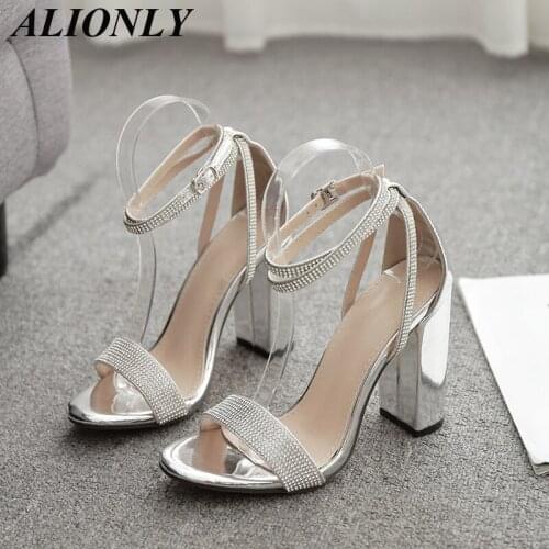 ALIONLY Crystal Sexy Sandals for Women 2021 Summer Square Heel Buckle Strap Gladiator Sandals Stiletto Wedding Rhine Stone