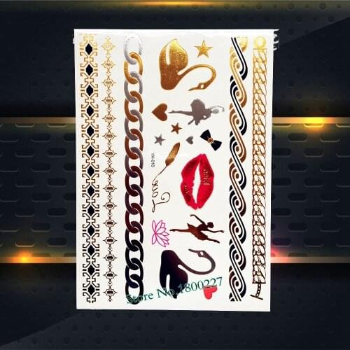 Sexy Body Art Temporary Gold Tattoo Sticker PYH10 Red Lip Swan Ballet Girl Design Waterproof Fake Jewelry Flash Tattoo For Women