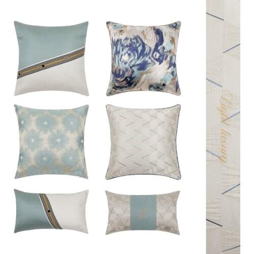 Blue patchwork jacquard sofa cushion cover flower embroidered car pillow cover office seat plaid pillowcase chair waist pillow