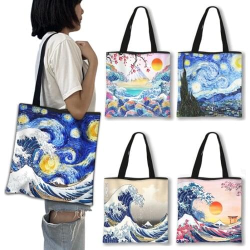 Japan The Big Wave of Kanagawa Shopping Bags Starry Night Women Totes Canvas Shoulder Bags for Travel Girls Handbag Shopper Bag
