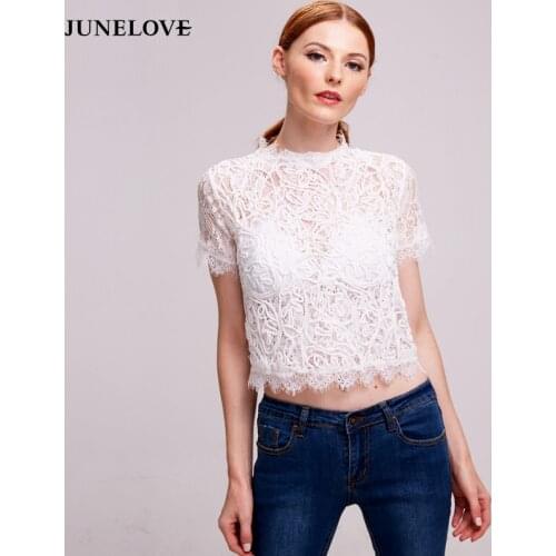 JuneLove 2021 sexy hollow out blouse women embroidery short sleeve shirt vintage female blouse shirt black zipper blusas tops