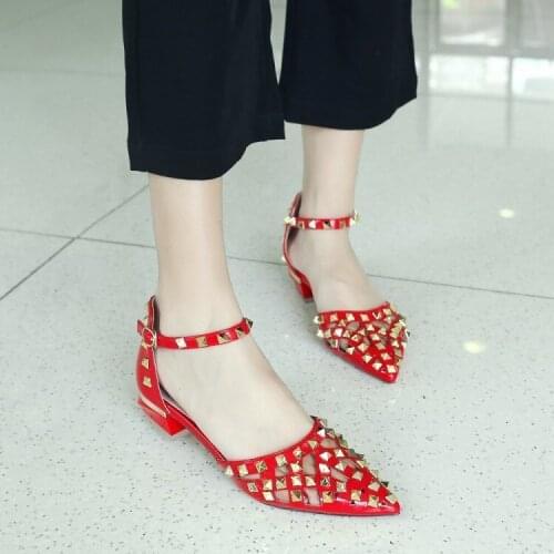 PXELENA Genuine Leather Women Sandals Rivet Hollow Out Cuban Low Heels Sandals For Lady Shoes Pointed Toe Ankle Strap Office New