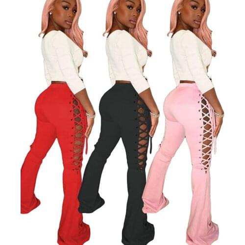 2021 Sexy Side Lace Up Flare Pants for Women Fashion Clothing Bandage Hollow Bell Bottom Pants High Waist Night Club Trousers