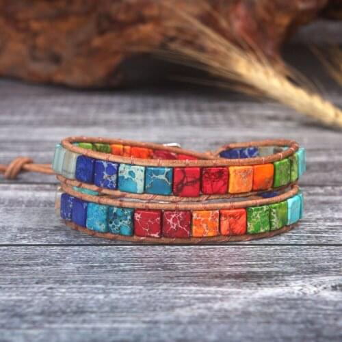 Boho Style Rainbow Bracelet 7 Chakras Ajustable Bracelets For Women Leather Natural Stones 2 Strands Wrap Bracelets Dropshipping