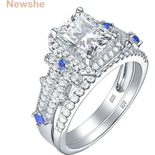 Newshe Classic Bridal Set Wedding Engagement Rings For Women 925 Sterling Silver Princess Cut White Blue AAAAA Cubic Zirconia