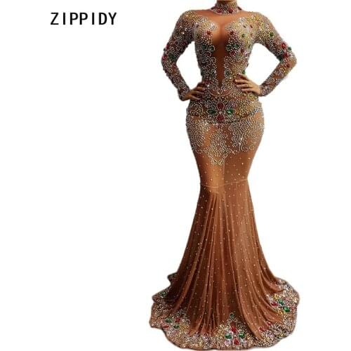 Multi-color Flashing Rhinestones Transparent Long Dress Women Birthday Celebrate Mermaid Dress Prom Dance Outfit Dress