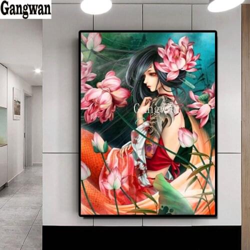 3D picture of rhinestones mosaic pink lotus girl full embroidery paint with diamonds painting sale crystal beads home decor