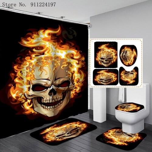 Bathroom 4 Piece 3D Printed Flame Skull Shower Curtain Set With Carpet Toilet Lid Cover Bath Mat Flower Skull Bath Curtains