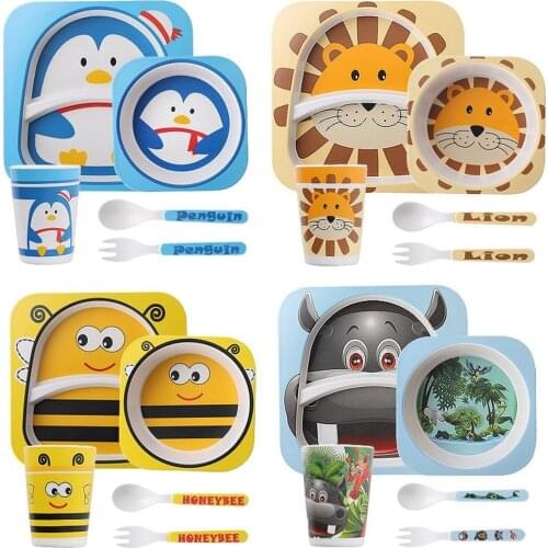 5 Pcs Creative Carton Animals Bamboo Fiber Kids Baby Children Solid Feeding Dinnerware Tableware Set Plate Bowl Cup Fork Spoon