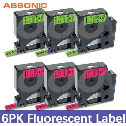 Absonic 6PK Compatible DYMO D1 12mm Fluorescent Label Tape Ribbon for Dymo LabelManager 160 280 Label Maker 1933238-1 1933238-2