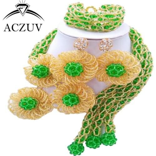 ACZUV Latest African Beads for Wedding Green Gold AB Crystal Nigerian Jewelry Set Necklace and Earrings C3F006