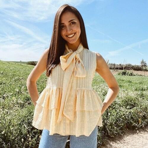 Ardm Elegant Tie a Bow Deep Ruffled Vintage Sleeveless Blouseрубашка женская Shirt Spring Summer 2021 Chic Tops