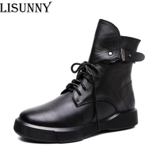 LISUNNY Genuine Leather Shoes Women Boots 2021 Autumn Winter Fashion Handmade Ankle Boots Warm Soft Casual Flat Shoes Woman