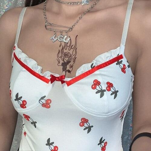 Womens Sexy Cami Bodysuit, Spaghetti Strap V Neck Cherry Print Backless Bodycon Jumpsuit