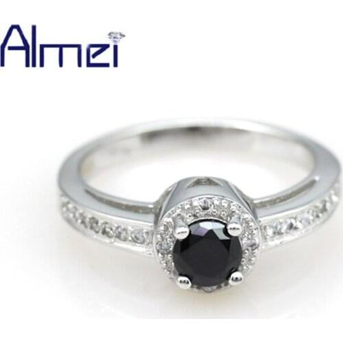 Almei 15%Off Wholesale Rings with Black Stone Silver Color Purple Crystal Ring for Women Wedding Womens Jewelry Bague Y012