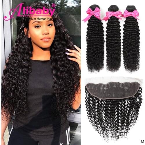 Kinky Curly Bundles With FrontaL Alibaby Hair Store Human Hair Bundles With Frontal 2 3 4 Bundles Medium Brown 13×4 Swiss Lace