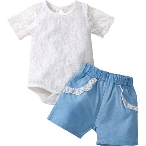Summer 0-24M Toddler Baby Girl 2Pcs Set Floral Lace Short Sleeve Bodysuit+Blue Lace Decorate Shorts Infant Outfit