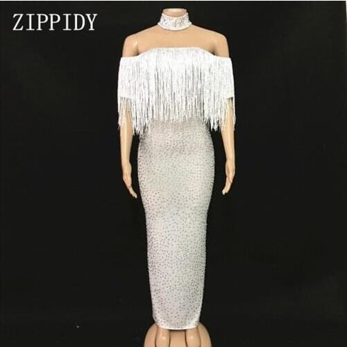 Fashion sexy Silver White Rhinestones Tassel Dress Womens Party Fringes Dress Evening Wear Female Singer Dance One-piece