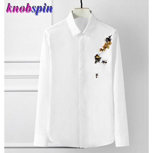 Little bee Flower Embroidery long-sleeve men shirt Brand Slim Business male dress shirts Luxury mens Chemise Plus size Camisas