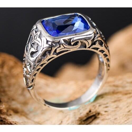 Small black silver wholesale 925 pure silver jewelry Thai silver artificial Blue Crystal men fashion pattern ring xh029