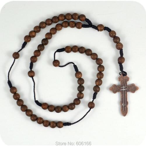 NEW 10x Dark Brown Rosary Beads Orthodox Cross Alloy Pendant Necklace Fashion Religious jewelry Wholesale
