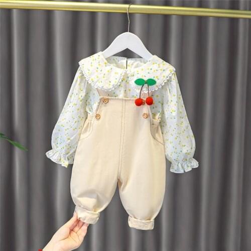 Autumn Baby Girls Clothing Sets Kids Cherry Floral Lace Cotton Long Sleeve Tops Pants Children Outfit Toddler Infant Clothes