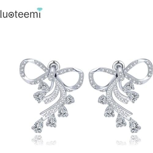 LUOTEEMI 2016 European Style Fashion AAA Clear Cubic Zirconia Drop Ribbon Earrings Stud Earring For Women Bijoux Jewelry Brincos