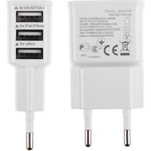 White EU Plug 3 Ports Three USB Power AC Wall Charger Travel Adapter For iphone Samsung Smart phones and tablet PC 200pcs
