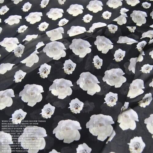 LEO&LIN Black White Flower Law Large Wide Real Silk Chiffon 100% Silk Clothing Cloth Fabric DIY patchwork
