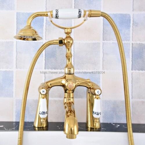 Bathtub Faucet Golden Deck Mounted Tub Mixer Faucet Dual Handle Hot and Cold Water Tap Telephone Style + hand shower Ntf789