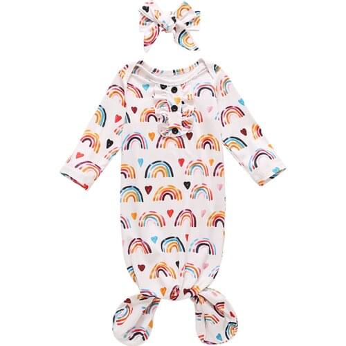 2Pcs Newborn Infant Baby Girls Boys Rainbow Print Sleeping Bags Bow Headband Baby Long Sleeve Blanket Wrap Sleep Bag 0-12M